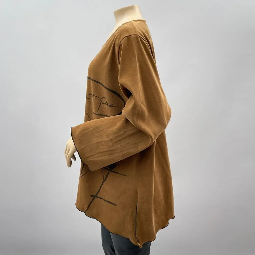 AHNI USA Top Womens 3 / XL Brown Microsuede Artsy Graphic Asymmetrical Hem Boho - Picture 4 of 11